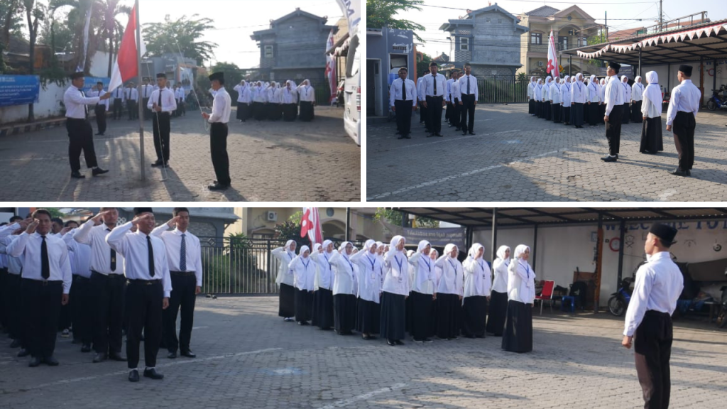 Siswa-siswi berbaris rapi di halaman depan Gedung Mandiri Entrepreneur Center , mengenakan seragam putih-hitam, sedang melakukan Upacara Pembukaan MOPD (Masa Orientasi Peserta Didik)