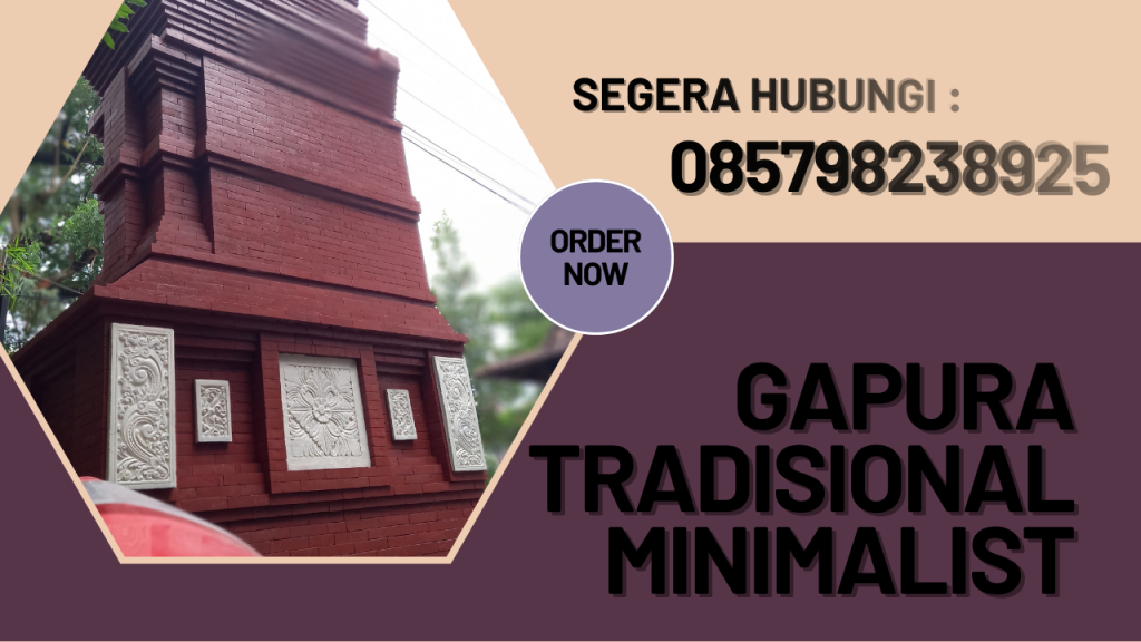 Gapura tradisional minimalist dengan ornamen relief putih di dinding bata merah